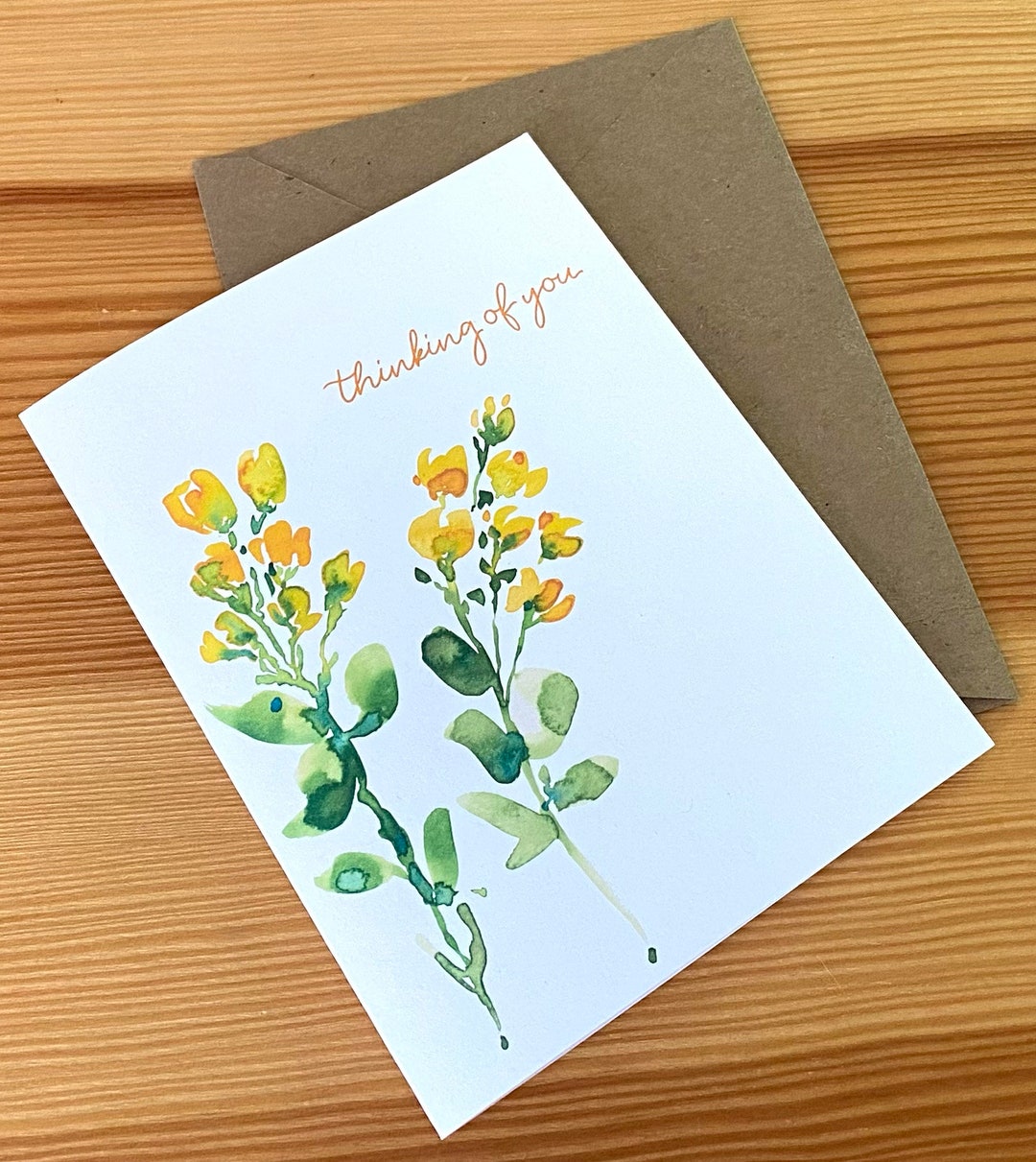 Thinking of You Floral Note Card | Watercolor Yellow Flowers | Golden ...