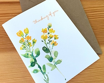 Watercolor Yellow Flowers  Thinking of You Card - Golden Pea Floral Greeting Card