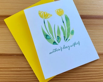 Floral Mother's Day Card - Watercolor Yellow Tulips Mother's Day Card - Mother's Day Wishes Note Card