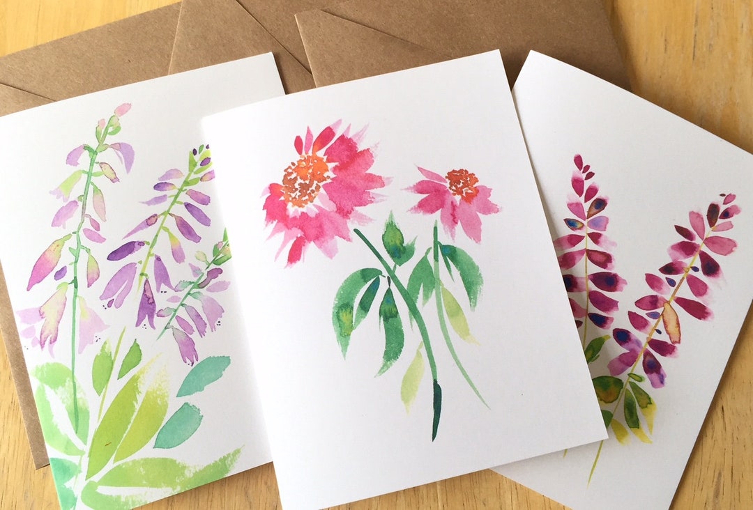 3 Floral Watercolor Blank Note Cards - Hosta Coneflower Salvia Flower ...