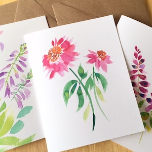 3 Floral Watercolor Blank Note Cards  - Hosta Coneflower Salvia Flower Cards - Pink Purple Flower Cards - Set of 3