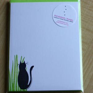 Hand Printed Black Cat Stationery | Cat and Grass Flat Note Cards | Cat ...