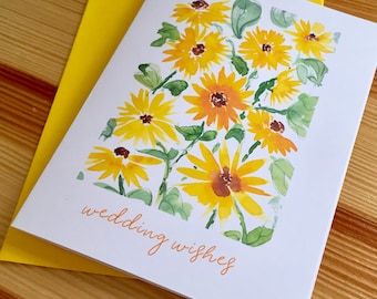 Floral Watercolor Wedding Wishes Card - Watercolor Sunflowers Wedding Wishes Card - Yellow Flowers Wedding Card