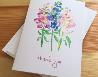 English Garden Thank You Note Cards - Watercolor Boxed Floral Thank You Cards - Delphinium Foxglove Stock Flower Note Cards - Box of 8