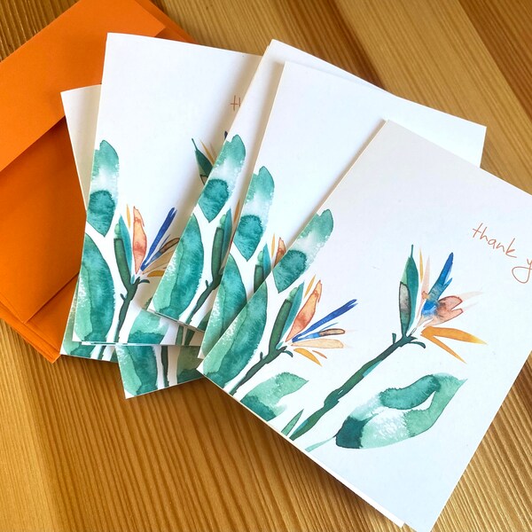 Bird of Paradise Thank You Note Cards - Watercolor Botanical Boxed Thank You Cards - Tropical Floral Note Cards - Box of 8