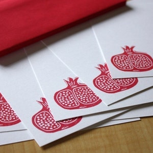 Hand Printed Red Pomegranate Flat Note Stationery - Fruit Note Cards - Set of 6