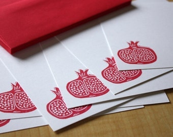 Hand Printed Red Pomegranate Flat Note Stationery - Fruit Note Cards - Set of 6