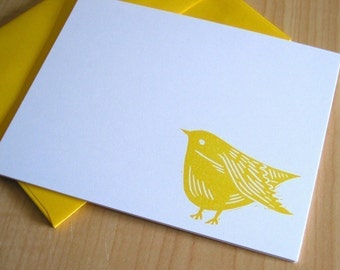 Sweet Yellow Bird Stationery - Bird Note Cards - Hand Printed Flat Notes - Set of 6