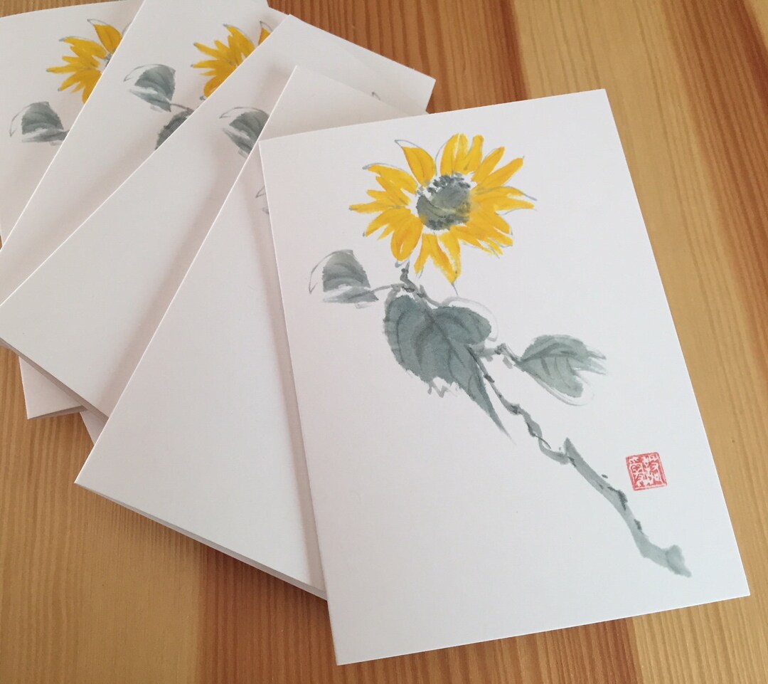 Sunflower Note Cards: Chinese Brush Watercolor Floral Set of 8 - Etsy