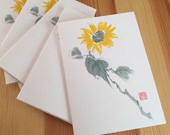 Watercolor Sunflower Note Cards | Chinese Brush Watercolor Yellow Floral Stationery | Gardener Flower Lover Gift | Boxed Set of 8