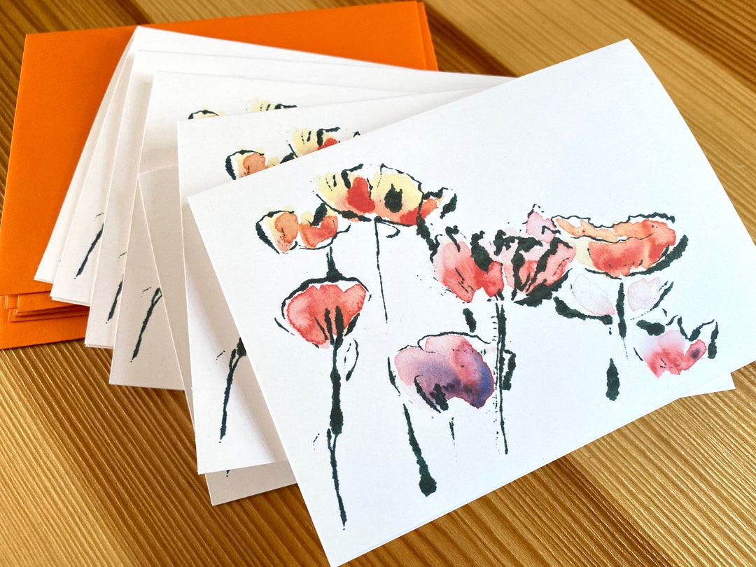 Watercolor Poppies Blank Note Cards | Monoprint, Box of 8 - Etsy
