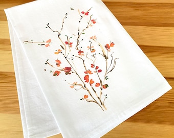 Quince Botanical Tea Towel | Orange Flower Watercolor Kitchen Decor | Floral Cotton Dish Towel