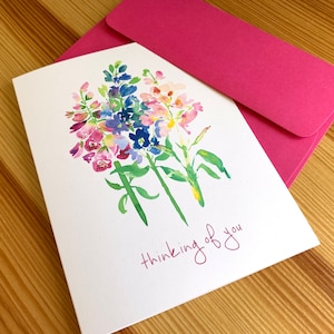 English Garden Thinking of You Card - Foxglove Delphinium Stock Watercolor Card - Botanical Watercolor Greeting Card