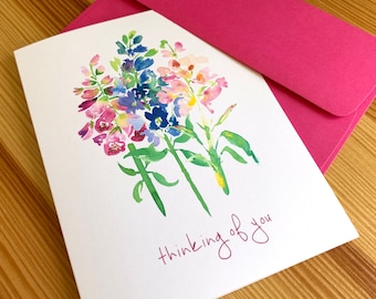 English Garden Thinking of You Card - Foxglove Delphinium Stock Watercolor Card - Botanical Watercolor Greeting Card