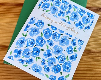 Tarjeta floral para el Día de la Madre / Tarjeta con flores de acuarela / Tarjeta con flores azules