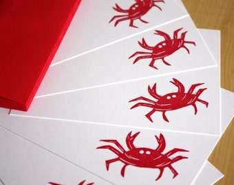 Red Crab Stationery - Hand Printed Beach Note Cards - Set of 6
