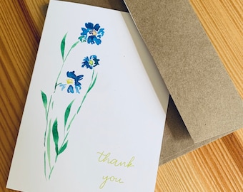 Pincushion Flower Thank You Note Cards - Watercolor Floral Boxed Thank You Cards - Blue Flower Botanical Note Cards - Box of 8