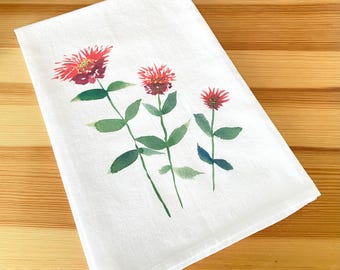 Red Bee Balm Floral Tea Towel | Botanical Kitchen Decor | Red Flowers Dish Towel