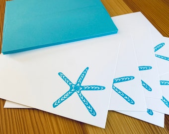 Blue Starfish Stationery - Beach Note Cards - Hand Printed Stationery - Set of 6
