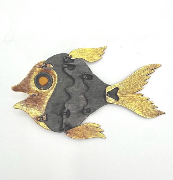 Articulated Fish Pendant – Silver & Gold-Tone Metal with Amber Eye View 3