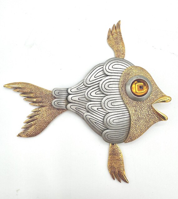 Articulated Fish Pendant – Silver & Gold-Tone Metal with Amber Eye View 2