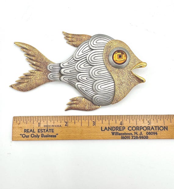 Articulated Fish Pendant – Silver & Gold-Tone Metal with Amber Eye View 4