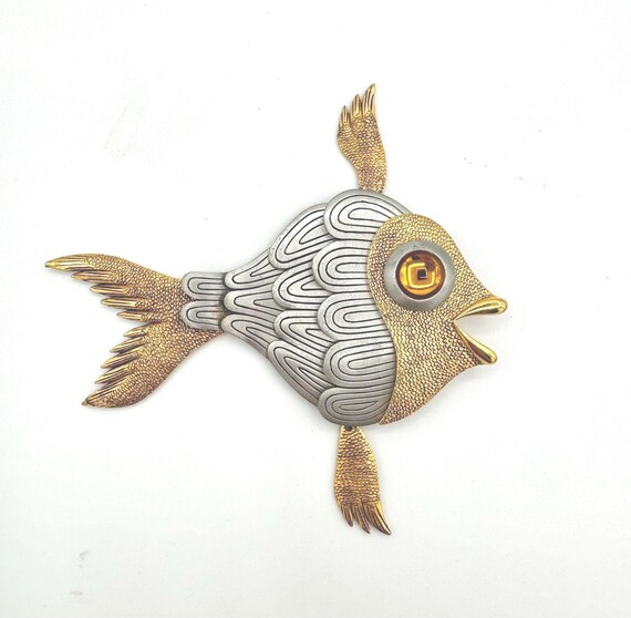 Articulated Fish Pendant – Silver & Gold-Tone Metal with Amber Eye