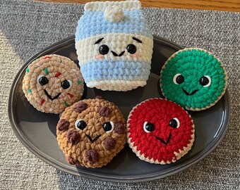 Handmade Crochet Cookies, Milk and Cookies Plush Stuffed Amigurumi, Christmas Holiday Toy