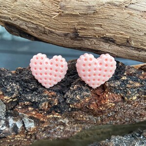 Può includere: Due orecchini a forma di cuore rosa chiaro con una texture a pois. Gli orecchini sono esposti su un pezzo di legno stagionato. I cuori hanno un bordo smerlato e una serie di piccoli fori distanziati uniformemente, che conferiscono loro un aspetto unico.