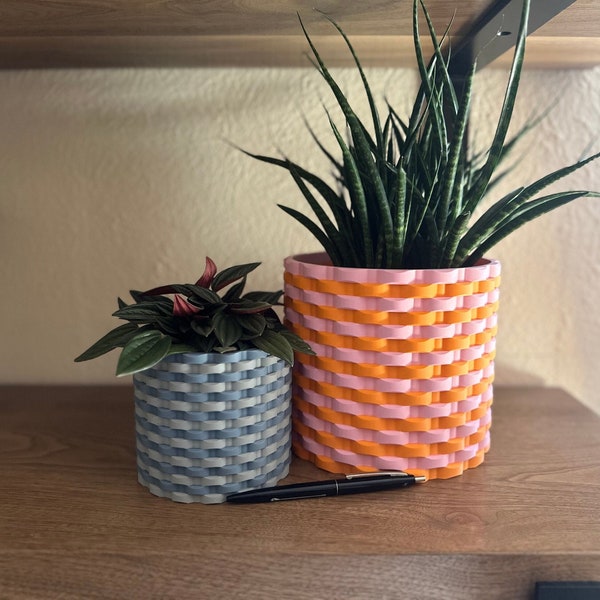 Woven 3D Printed Planter With Drainage, Mid-Century Modern, Optical Illusion, Multi-color, Two Tone, Colorful, 4, 6, 8 inch plant pot