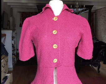 Exquisitely hand knitted from a 1941 pattern,vintage cardigan knitted in raspberry yarn,size 40/42