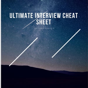 Puede incluir: Un producto digital titulado "ULTIMATE INTERVIEW CHEAT SHEET" sobre un fondo de cielo estrellado. El texto incluye "Tips, Tricks & Tactics for $1". Líneas diagonales blancas y una silueta de montaña oscura completan el diseño.
