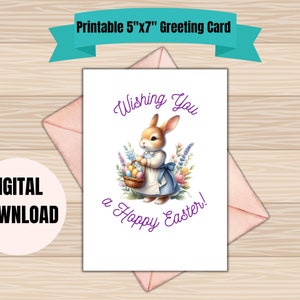 Printable Easter Card with Bunny, Wishing You a Hoppy Easter, 5x7 Greeting Card