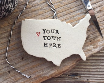 Your Town Pottery Ornament - Custom Made 2-3 weeks to ship - Free Domestic Shipping for Ornaments