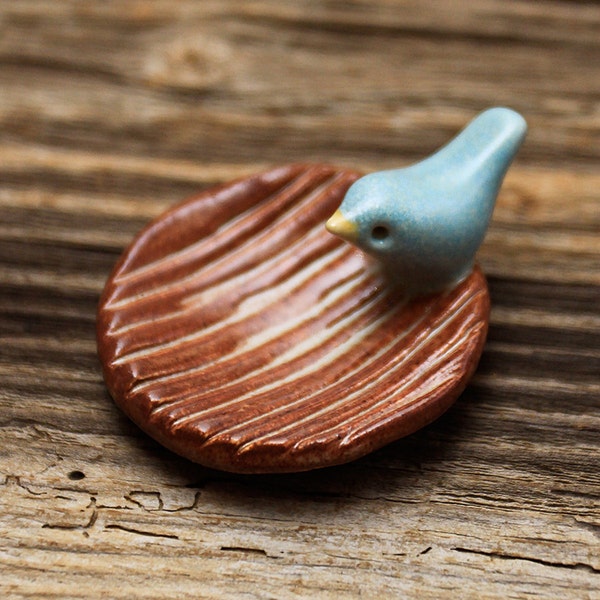 Wood Grain Pottery Tray with Tiny Blue Bird - Faux Bois