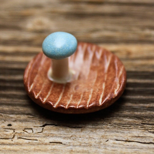 Tiny Wood Grain Pottery Tray with a Little Blue Mushroom