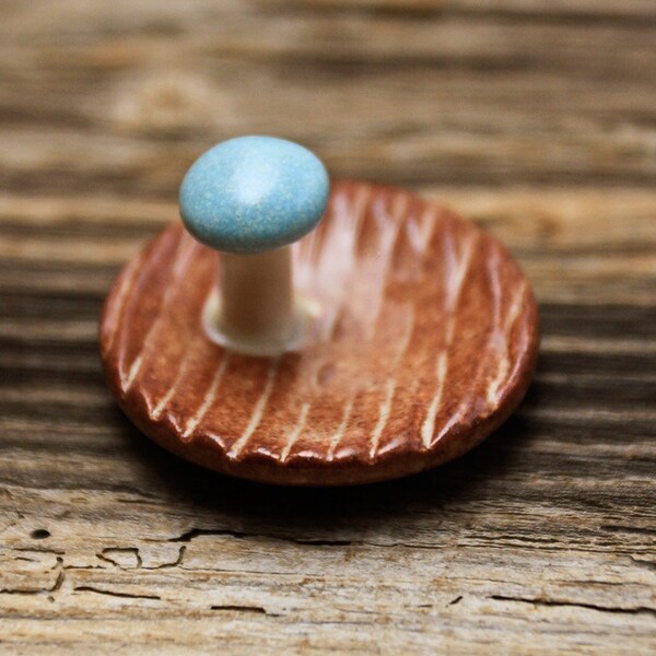 Tiny Wood Grain Pottery Tray with a Little Blue Mushroom