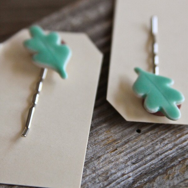 Pair of Aqua Oak Leaf Bobby Pins - ON SALE