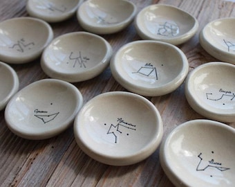 Small Zodiac Constellation Pottery Ring Dish - 5-7 Days to be ready to ship - Zodiac Birthday Gift - Pisces, Aries