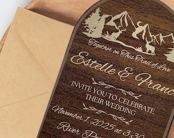 Salva la data per un matrimonio rustico in montagna: magnete in legno inciso al laser