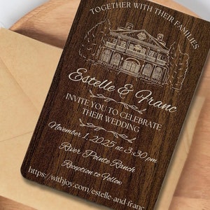 Faire-part de mariage en bois rustique - thème de la grange en terre cuite - ferme design - personnalisé avec enveloppe - papeterie de mariage unique