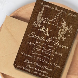 Faire-part de mariage en bois sur le thème de la campagne - Cactus rustique et motif montagne personnalisé, réservez une date souvenir pour les mariages à la ferme