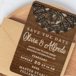 Biglietti Save the Date in legno tagliati al laser / Inviti di nozze floreali rustici / Ricordi di nozze in legno boho personalizzati / Annuncio elegante