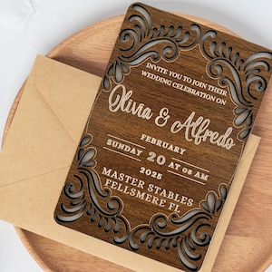 Elegante Hochzeitseinladung aus Holz | Rustikale Laser Cut Save the Date| Boho Hochzeitsandenken | Personalisierte Einladungskarte für elegante Feierlichkeiten