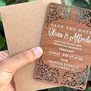 Kunstvolle Laser-geschnittene Hochzeitseinladung aus Holz | Rustikale Save the Date Karte| Gravierte Blumenmitteilung für Boho Chic Hochzeiten
