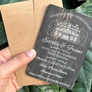 Faire-part de mariage en bois rustique - thème de la grange de campagne - conception de ferme - date personnalisée avec enveloppe - papeterie de mariage unique