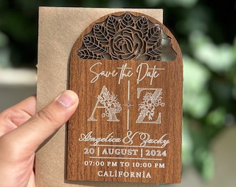 Invito di nozze rustico in legno di noce: arco Save the Date