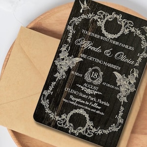 Faire-part de mariage en bois rustique - Design personnalisé élégant gravé au laser pour des mariages bohèmes, vintage et inspirés de la nature