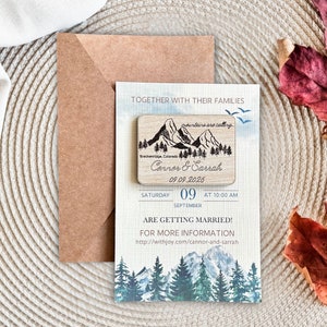 Rustikaler Berg Hochzeit Save the Date Magnet | Einladungs-Set mit Waldmotiven | Personalisierte Hochzeitsmitteilung