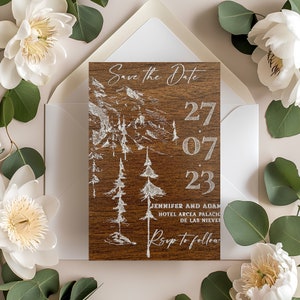 Trouwkaarten berghout | Gepersonaliseerde houten trouwkaartset | Houten Save the Date | Terracotta en bloemenhuwelijksuitnodiging